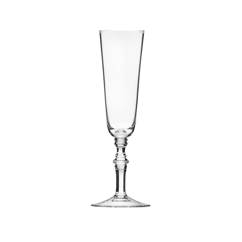 The Moser Mozart champagne flute features a clear, slender stem and round base, showcased against a plain white background.