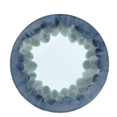Marie Daâge Cercle D’Ecailles Platinum Filet round Limoges porcelain plate with a scalloped blue rim pattern.