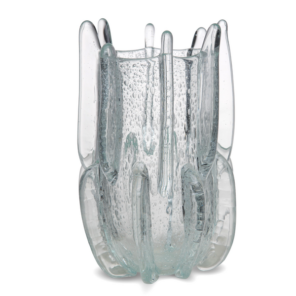 The Yakush Japanese Winter Vase is a hand-blown, clear glass vase featuring elongated curved accents and textured bubbles, evoking Japan’s winter gardens for a modern, artistic look.