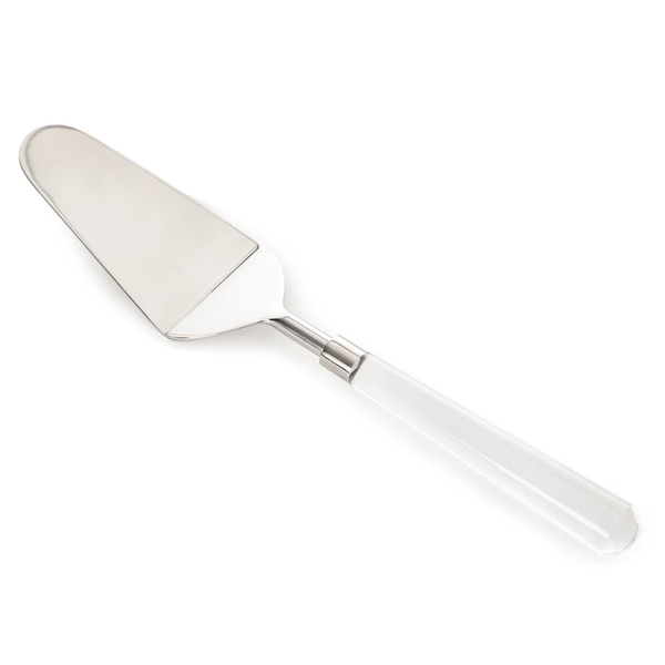 The Coco Clear Acrylic Dessert Server by Inspired Generations features a stainless steel triangular blade and a clear handle, adding contemporary elegance to any modern tablescape. Shown on a white background.