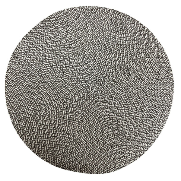 The Deborah Rhodes Ikat Weave Round Placemat Granite Set of 4 features a tightly woven black and white spiral pattern, inspired by the Ikat collection.