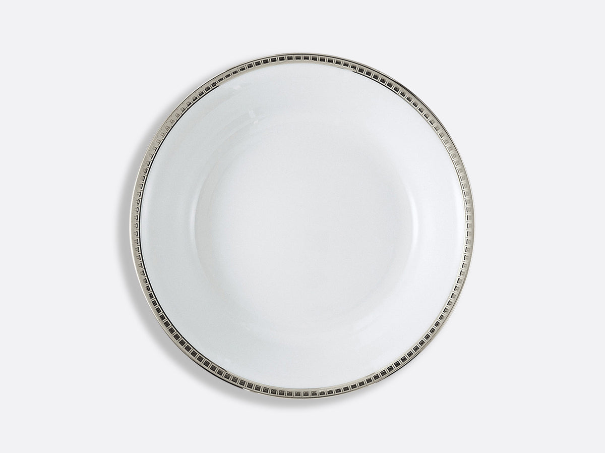 A Bernardaud Athena Platinum Dinnerware plate with a thin metallic silver geometric border is displayed on a light gray background.