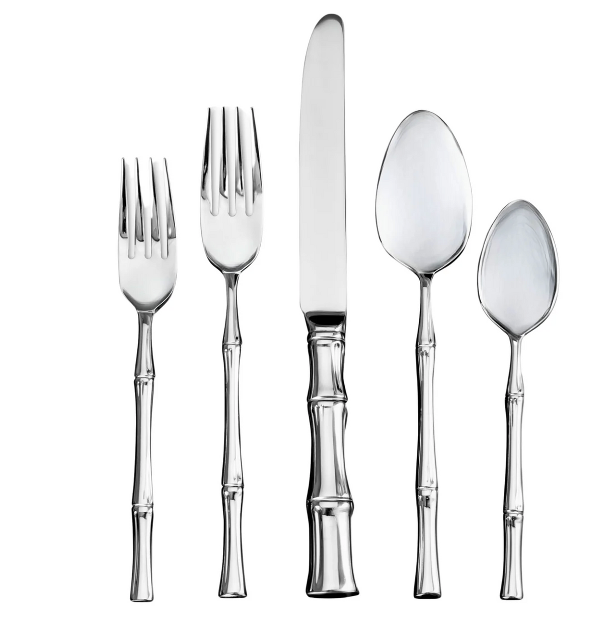 The Ricci Bamboo Flatware 5 Piece Setting includes two forks, a knife, a spoon, and a teaspoon with bamboo-inspired handles, all crafted from 18/10 stainless steel and shown on a white background.
