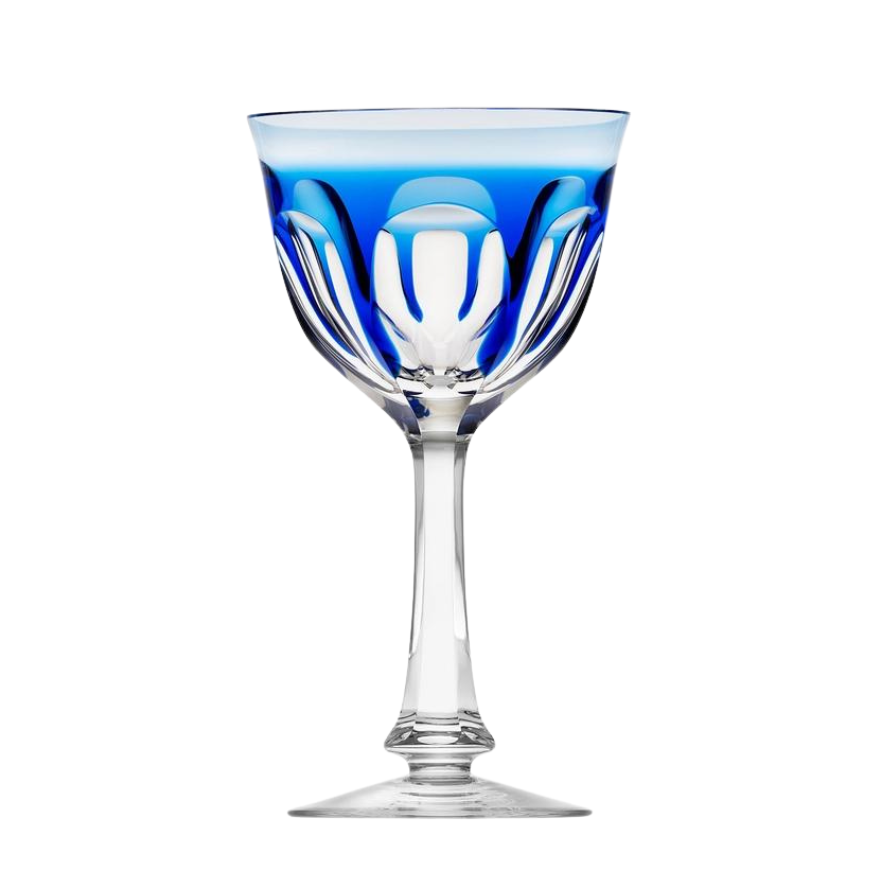 The Moser Lady Hamilton White Wine Glass features a long stem and a bowl with blue and clear cut glass patterns, elegantly displayed on a white background.