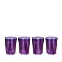 Four purple Prism Highball Glasses from L'Objet are lined up on a white background. Stylish, modern, and dishwasher-safe, this set of 4 adds a vibrant touch to any table.