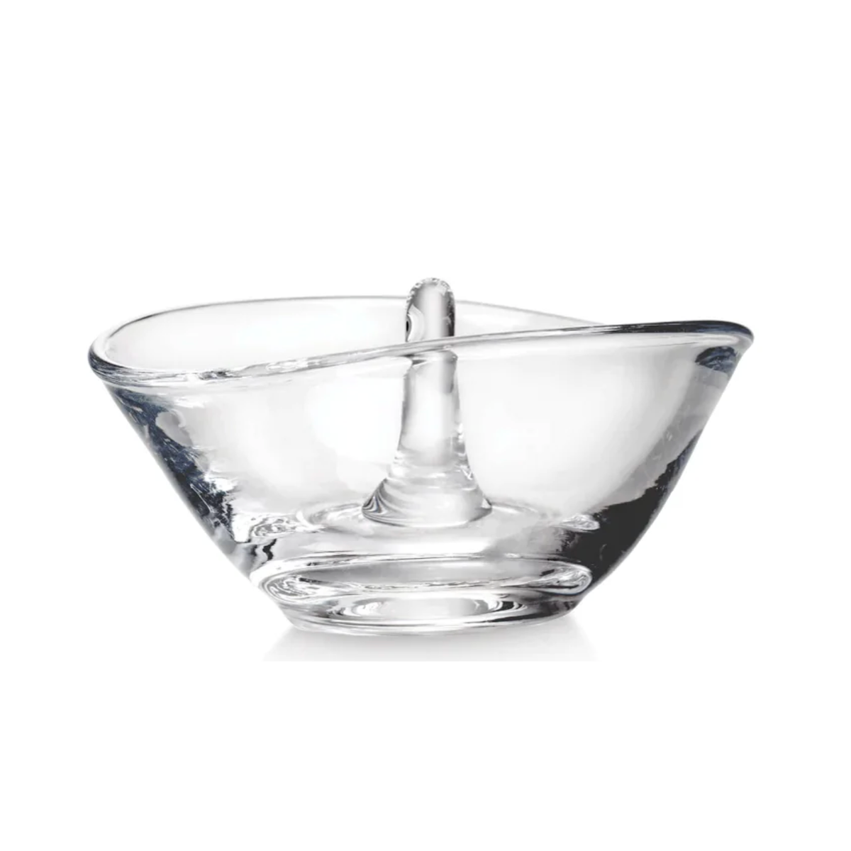 The Simon Pearce Champlain Ring Holder is a modern, handcrafted glass bowl with thick walls and a central raised divider for holding rings, shown empty on a white background.