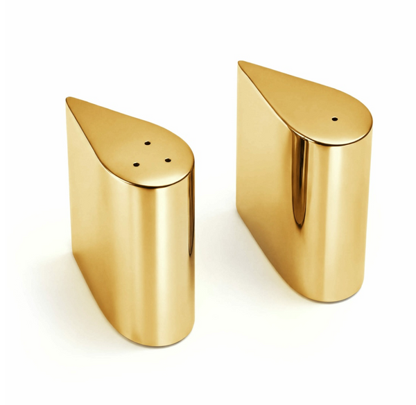 Two gold-colored, teardrop-shaped Droplet Salt & Pepper Shaker - Gold sets that bring modern sophistication to the tabletop.