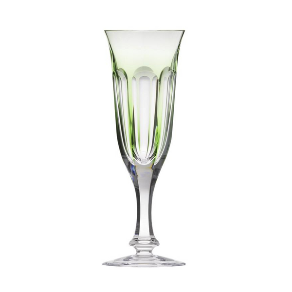 The Moser Lady Hamilton Champagne Glass 140ml features hand-cut crystal, a green-tinted top, vertical cuts, a slender stem, and a round base—an exquisite drinkware piece.