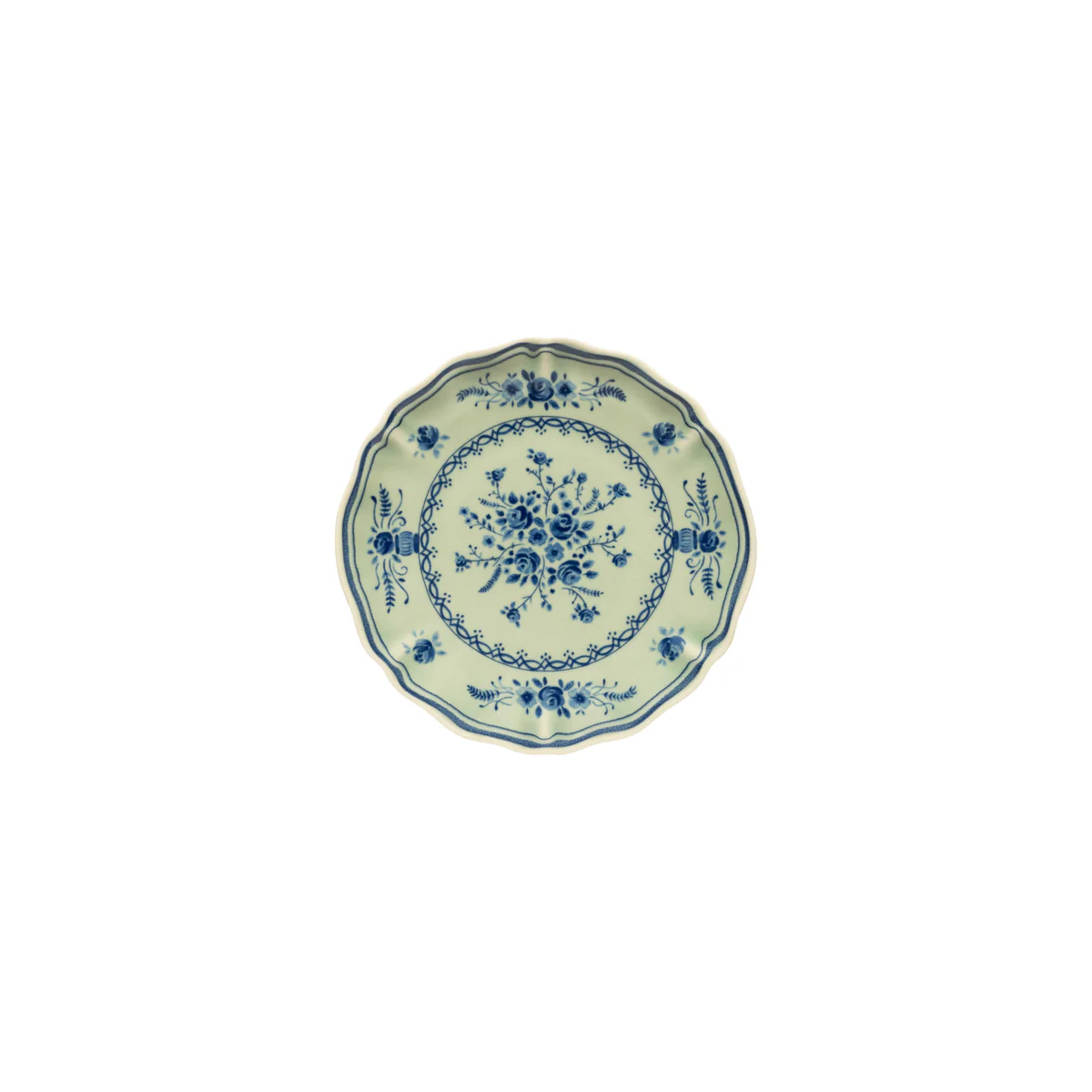 A round, scalloped-edge Vila Olive / Blue plate in light green with a blue floral pattern in the center and along the rim.