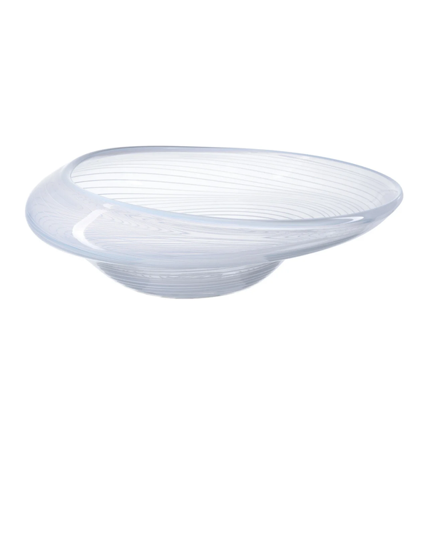 The Banzai Centerpiece Bowl by Currey & Company is a modern handmade glass bowl with a wide swirling rim and subtle white stripes, featuring transparent glass set against a plain white background.