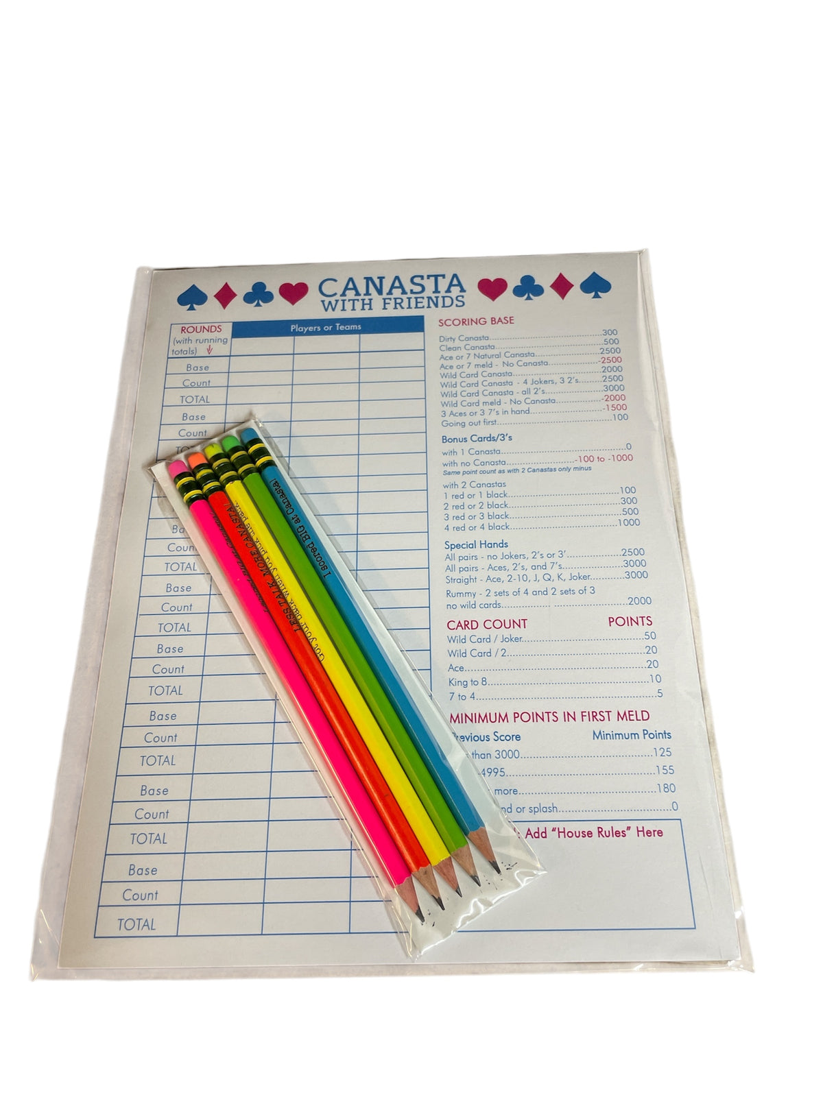 The Canasta Sets Canasta Pad & Pencils Set includes a score pad with game instructions and five colored pencils (yellow, green, pink, blue, and orange)—everything you need for fun Canasta games with friends!.