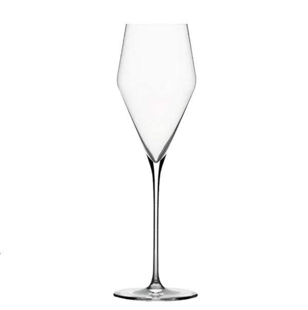 The Zalto Champagne Flute by Grand Cru Selections / Zalto features a modern, angular bowl and long, slender stem, shown empty against a plain white background.