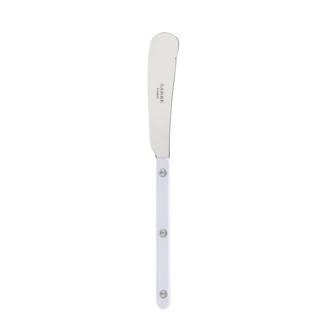 The Sabre Bistrot Pearly Butter Knife features a stainless steel rounded blade and elegant mother of pearl handle with three rivets, shown against a plain white background.