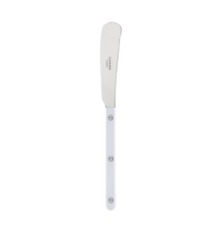 The Sabre Bistrot Pearly Butter Knife features a stainless steel rounded blade and elegant mother of pearl handle with three rivets, shown against a plain white background.