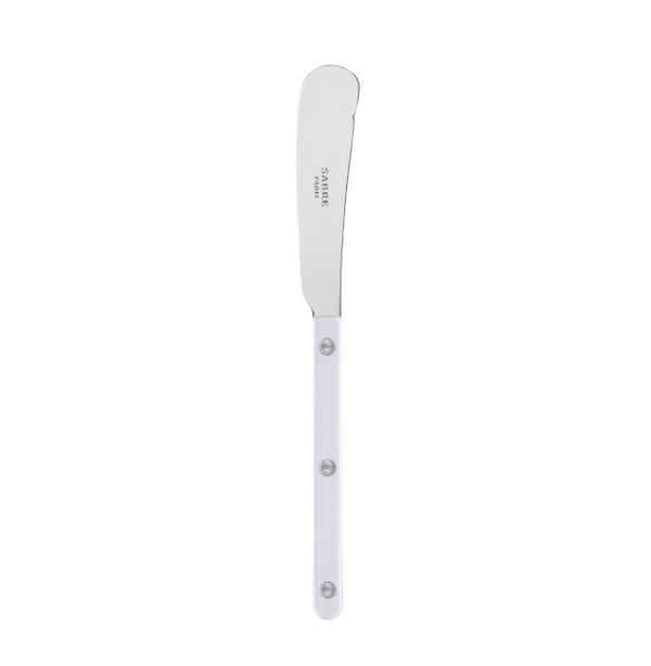 The Sabre Bistrot Pearly Butter Knife features a stainless steel rounded blade and elegant mother of pearl handle with three rivets, shown against a plain white background.