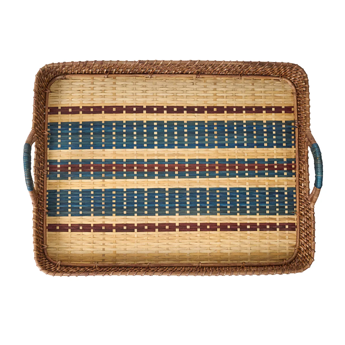 The Juliska Danish Stripe Serving Tray Navy 21" features raised edges, side handles, and brown braided edging. Crafted from natural cane wood, it has a Scandinavian design with blue, red, and beige stripes plus small square base accents.