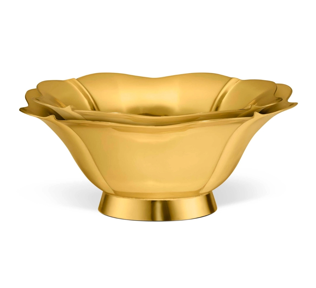 The Olivia Nesting Bowls Set of 2 by Aerin features gold-toned, flower-shaped brass bowls with wavy rims and small round bases, ideal as Art Deco accents or stylish desk organizers, shown on a plain white background.