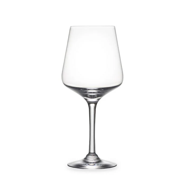 A clear, empty wine glass with a long stem and wide bowl from the Simon Pearce Vintner Stemware collection is displayed against a plain white background.