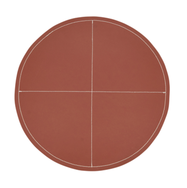 The Saro Trading Faux Leather Round Brown Placemat Set of 4 features white edge stitching and two intersecting white lines that divide each placemat into four neat quadrants.
