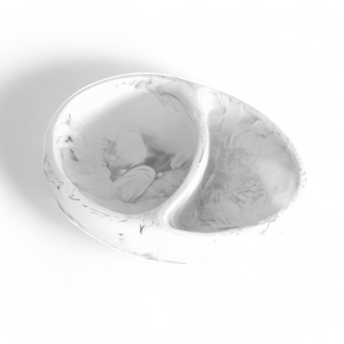 The Nashi Home Arila Split Bowl – White Swirl, shown on a white background, features an oval shape with a marbled design and two compartments—ideal for serving and adding coastal style to your table.