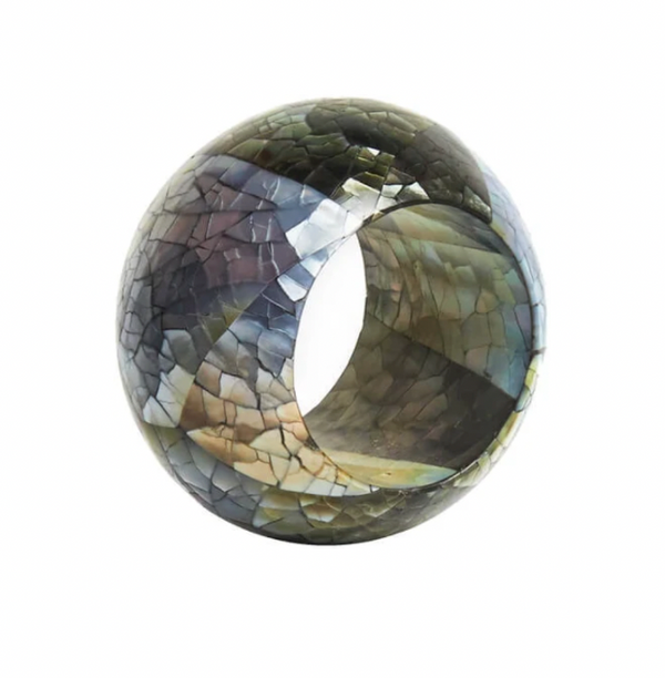 Add a touch of unique elegance to your table with the Shell Pearl Black Napkin Ring Set of 4 from Von Gern Home, featuring a round, wide design adorned with a mosaic of iridescent, cracked shell-like pieces in green, brown, and gray tones—perfect for those who appreciate stylish modern table decor.
