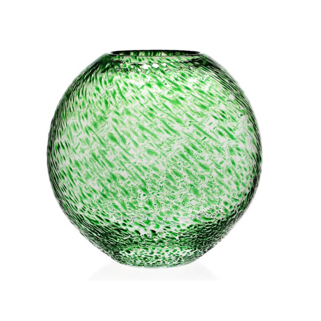 The Florence Vase Green by William Yeoward is a round glass vase in a vibrant green hue, featuring a textured, dappled surface pattern and shown against a white background.