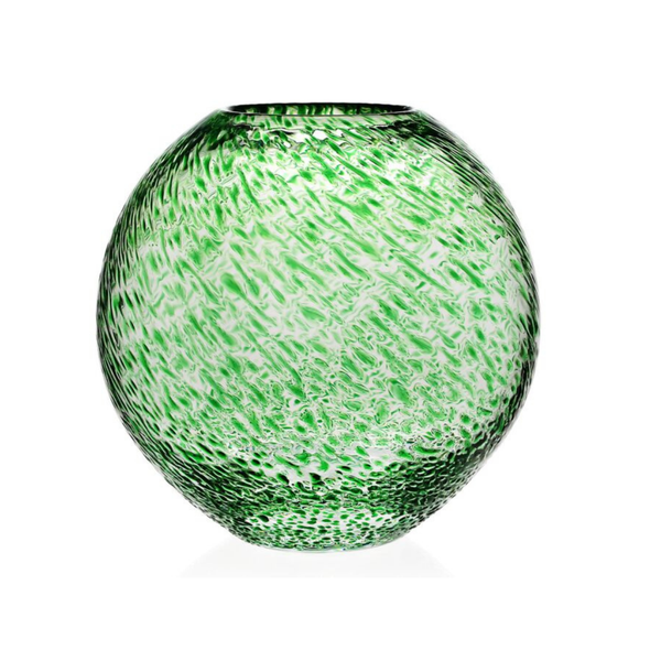 The Florence Vase Green by William Yeoward is a round glass vase in a vibrant green hue, featuring a textured, dappled surface pattern and shown against a white background.
