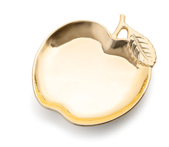 The Apple Platter - Gold by Godinger features a gold-colored, apple-shaped design with a detailed leaf accent on the top right, shown against a white background. Ideal for Rosh Hashanah celebrations or festive gatherings, this elegant dish perfectly complements an apple-shaped silver platter.