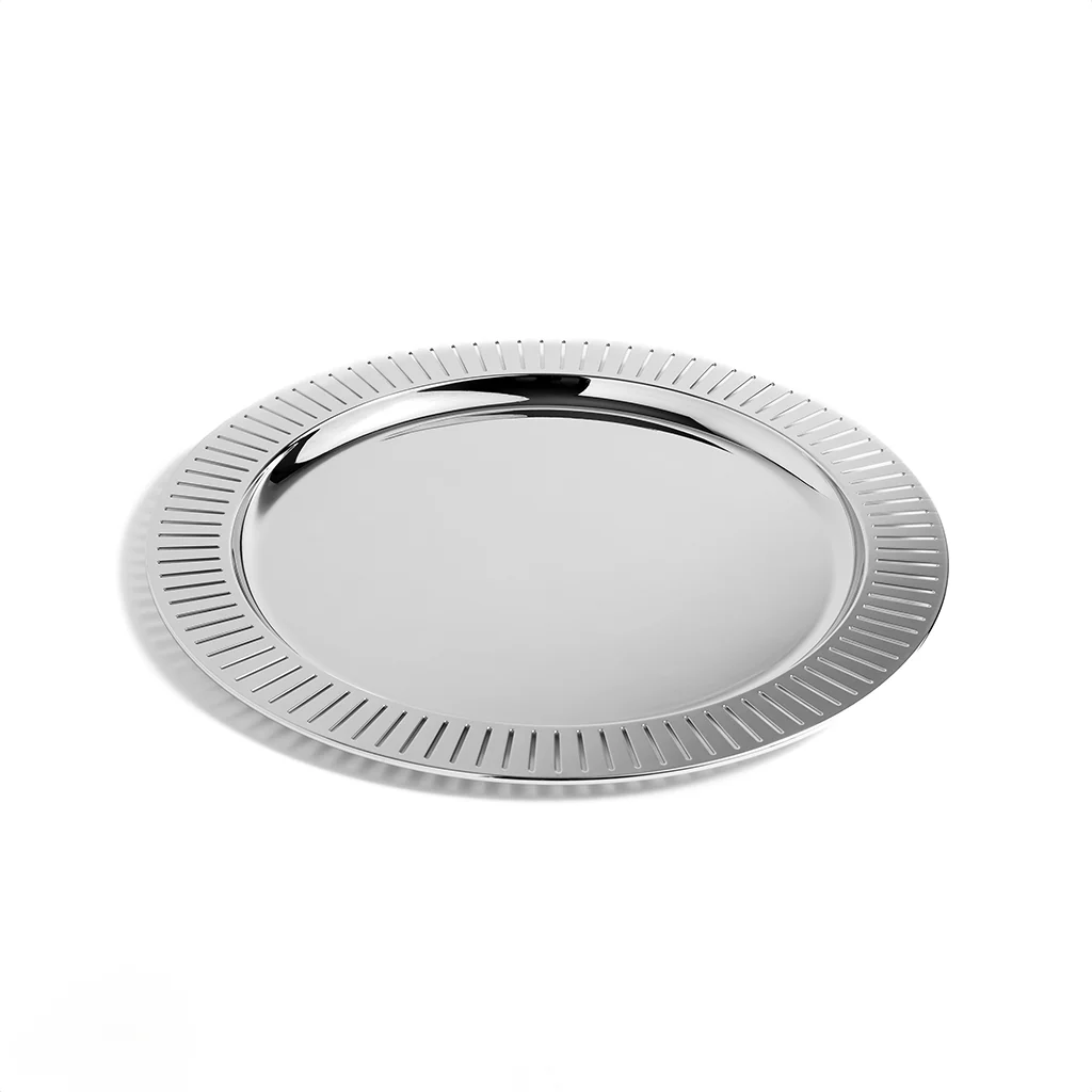 The Striations Silver Round Serving Tray by Anna New York features a shiny stainless steel finish, a smooth center, and a decorative grooved rim, displayed on a white background.