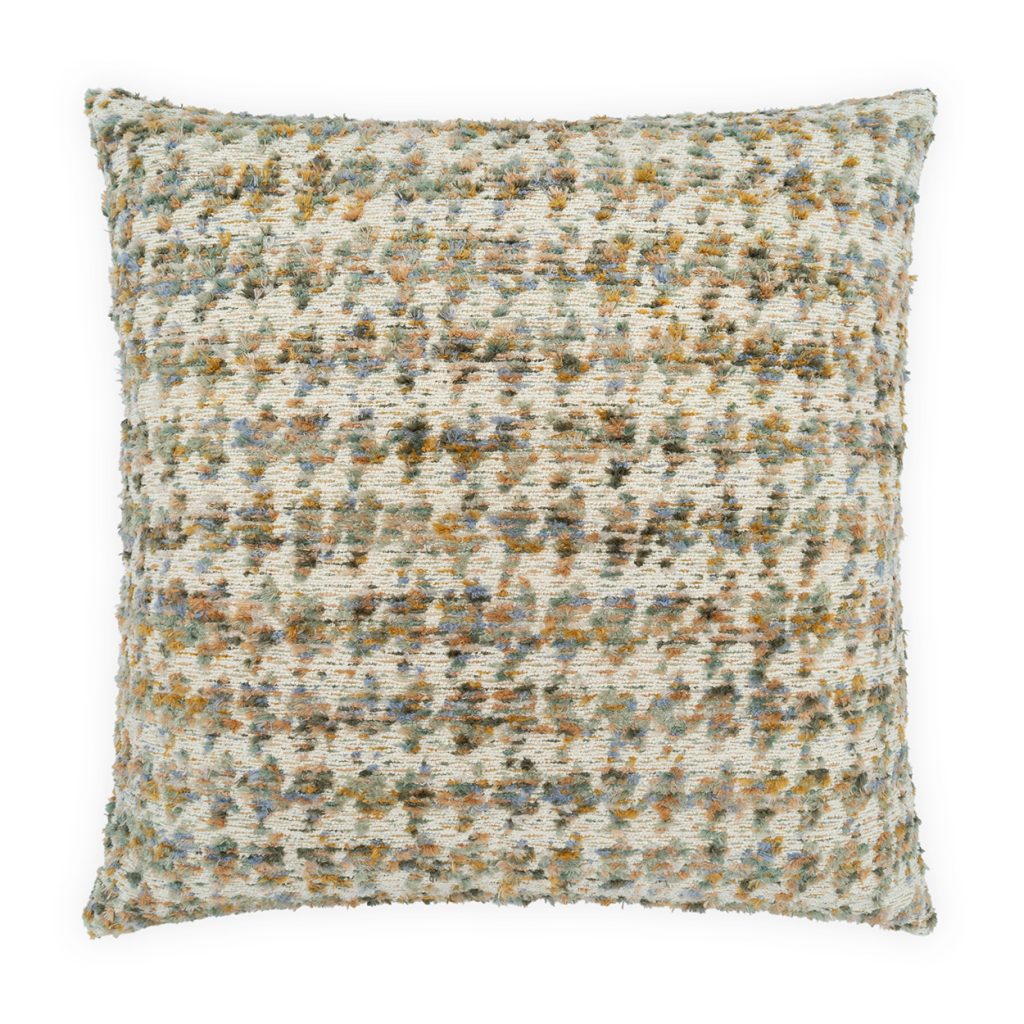 The Jaden Pillow Spring 22 x 22 by D.V. KAP / Canaan Company features textured, multicolored fabric in beige, brown, blue, and green with a speckled look and down fill, shown on a white background.
