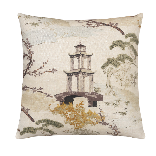 The Zen Pillow Pearl by Decor Fifty-Five features a linen cover with an Asian-inspired pagoda and foliage design in muted natural tones on beige—an elegant accent for a tranquil space.