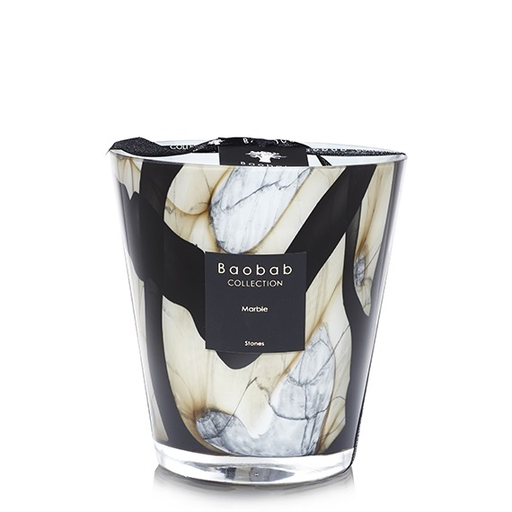 The Baobab Stones Marble Candle is a hand-blown glass scented candle with a grey marble pattern in black, white, and beige. The front displays a black square label reading "Baobab Collection Marble Stones.