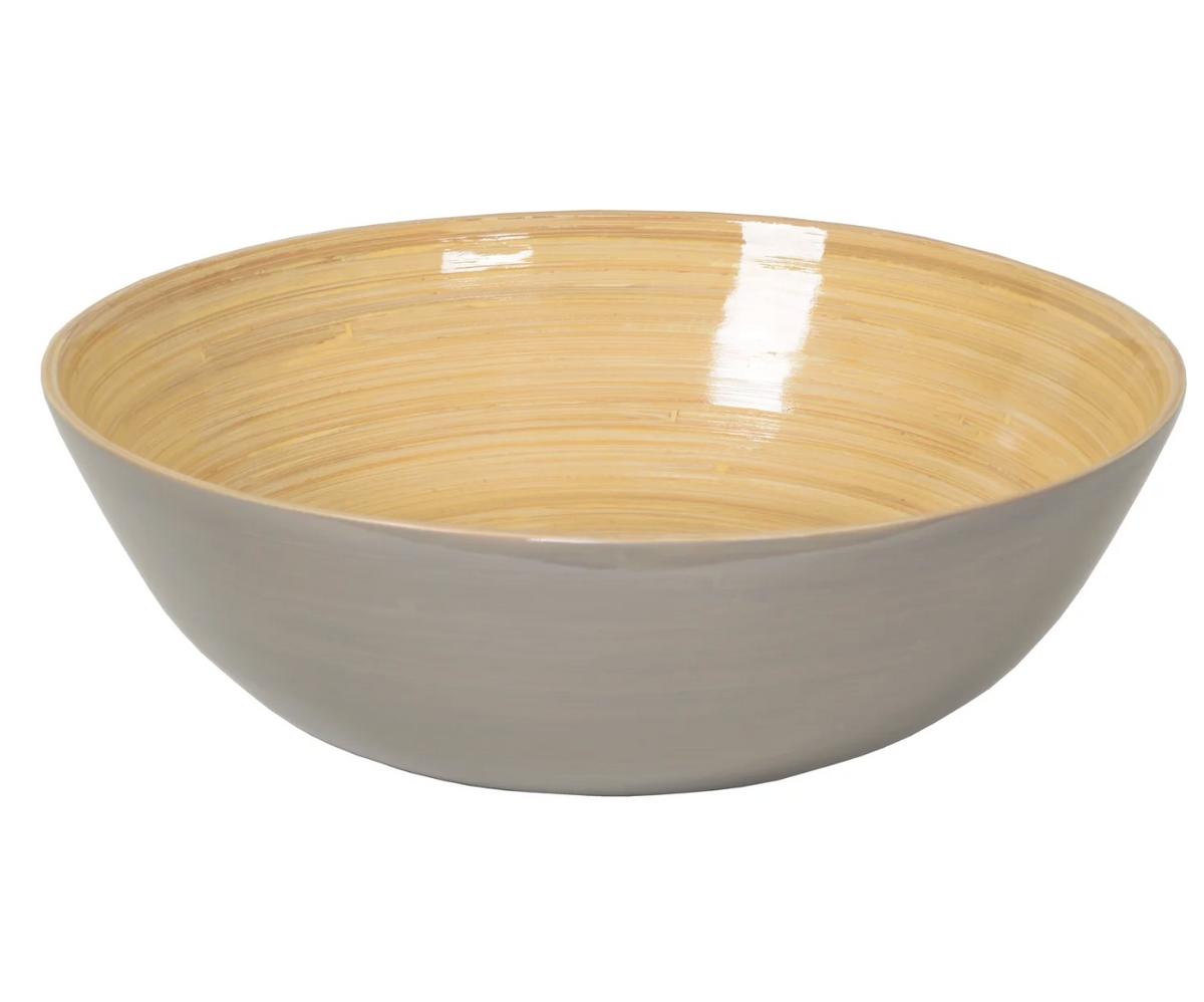 The Albert L Bamboo Classic Serving Bowl 11.7" features a light wood interior and matte light gray exterior—food-safe, eco-friendly, and stylish for serving. Shown on a white background.
