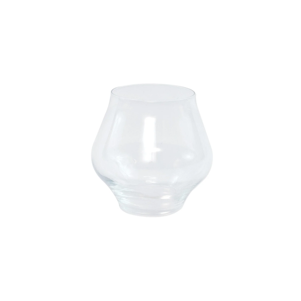 The Vietri Contessa Stemless Wine Clear glass, featuring a wide bottom and narrow opening, is centered on a plain white background.