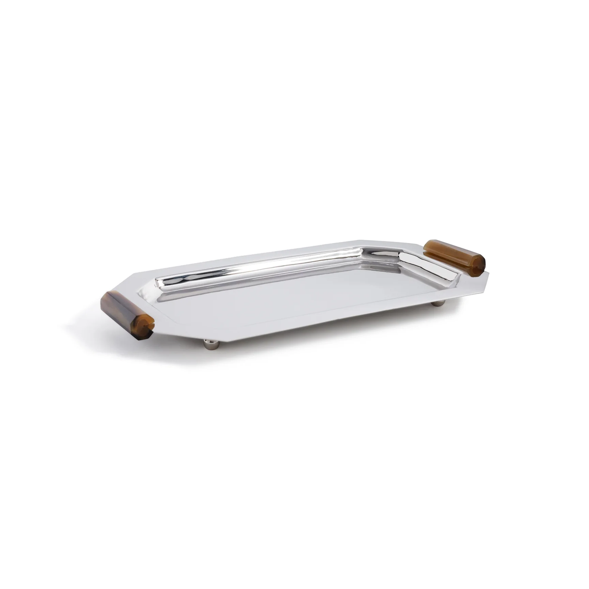 Zodax Alley Octagon Tray w/ Horn Handles, an octagonal silver-tone metal tray featuring two dark, horn-style handles on the ends.
