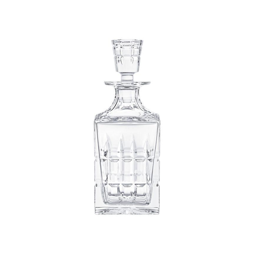 The Manhattan Square Decanter by Saint-Louis/Hermes is a clear, crystal decanter with a matching stopper and vertical geometric cuts, creating an elegant look against a plain white background.