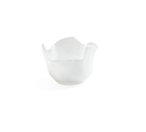 The Zodax Wavy Tealight Holder in white features a small ceramic design with an irregular, wavy rim, evoking contemporary style—perfect for tabletop décor on a plain white background.