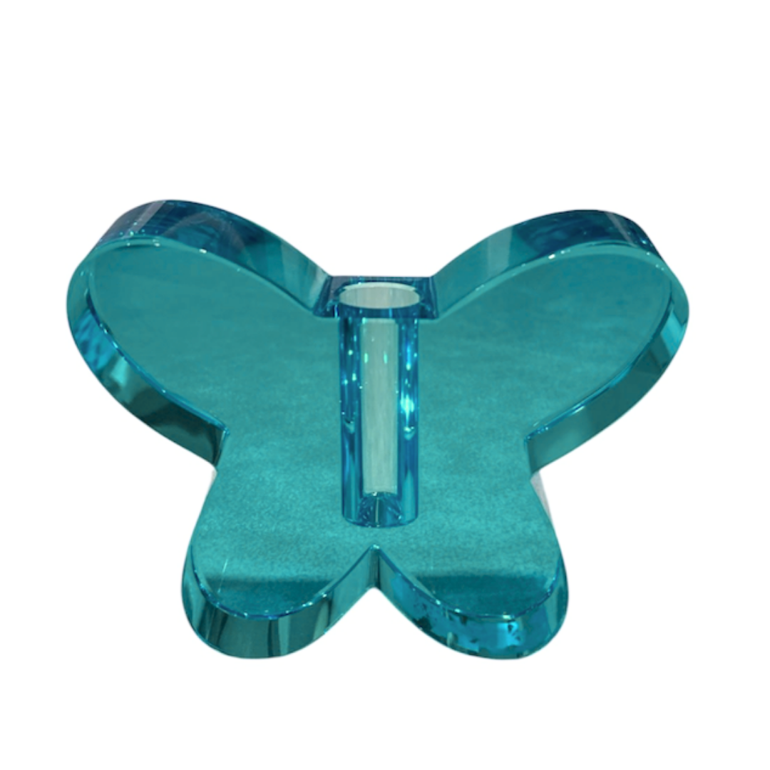 The Crystal Butterfly Bud Vase - Sea Blue by Tizo is a transparent acrylic piece featuring a butterfly motif, with a vertical cylindrical holder at its center, resembling a delicate crystal bud vase and elegantly displayed on any flat surface.