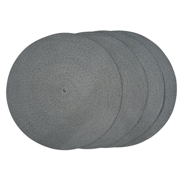 The Deborah Rhodes Neutral & Natural Tone Placemat Set of 4 in grey and navy features chic, versatile designs, shown layered against a white background to highlight their stylish appeal for any table setting.