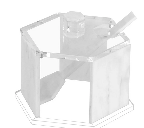 Introducing the BT- Shalom Lucite Hexagon Apple Honey Jar w/ Spoon in White Marble—a stylish hexagonal container with open sides, a slanted slot, matching lid, and angled flat accent piece. Perfect as a chic lucite honey jar for Rosh Hashanah or an elegant addition to your holiday table decor.