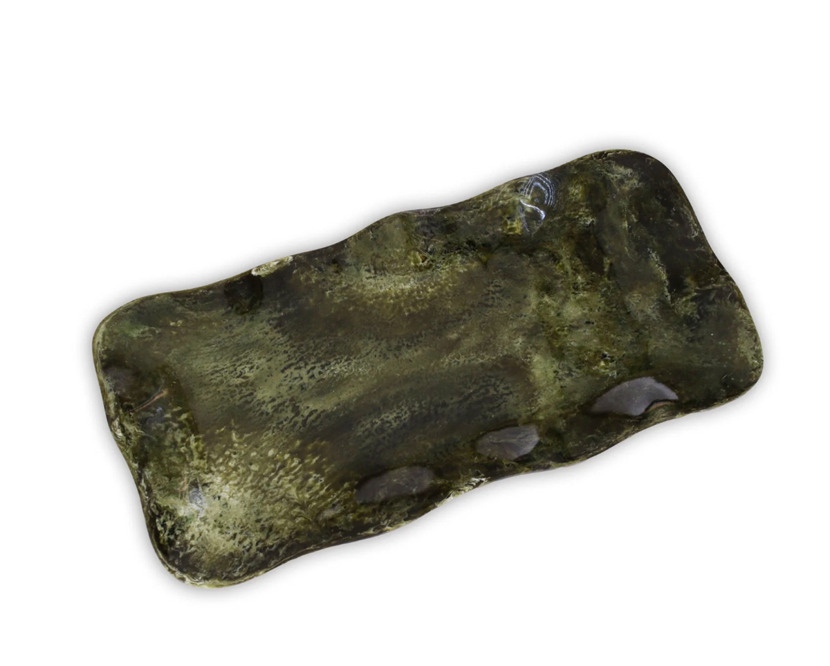 Beatriz Ball Resin Malachite Long Rectangle Platter with a dark, mottled green finish, wavy edges, and a long, rectangular handcrafted shape.