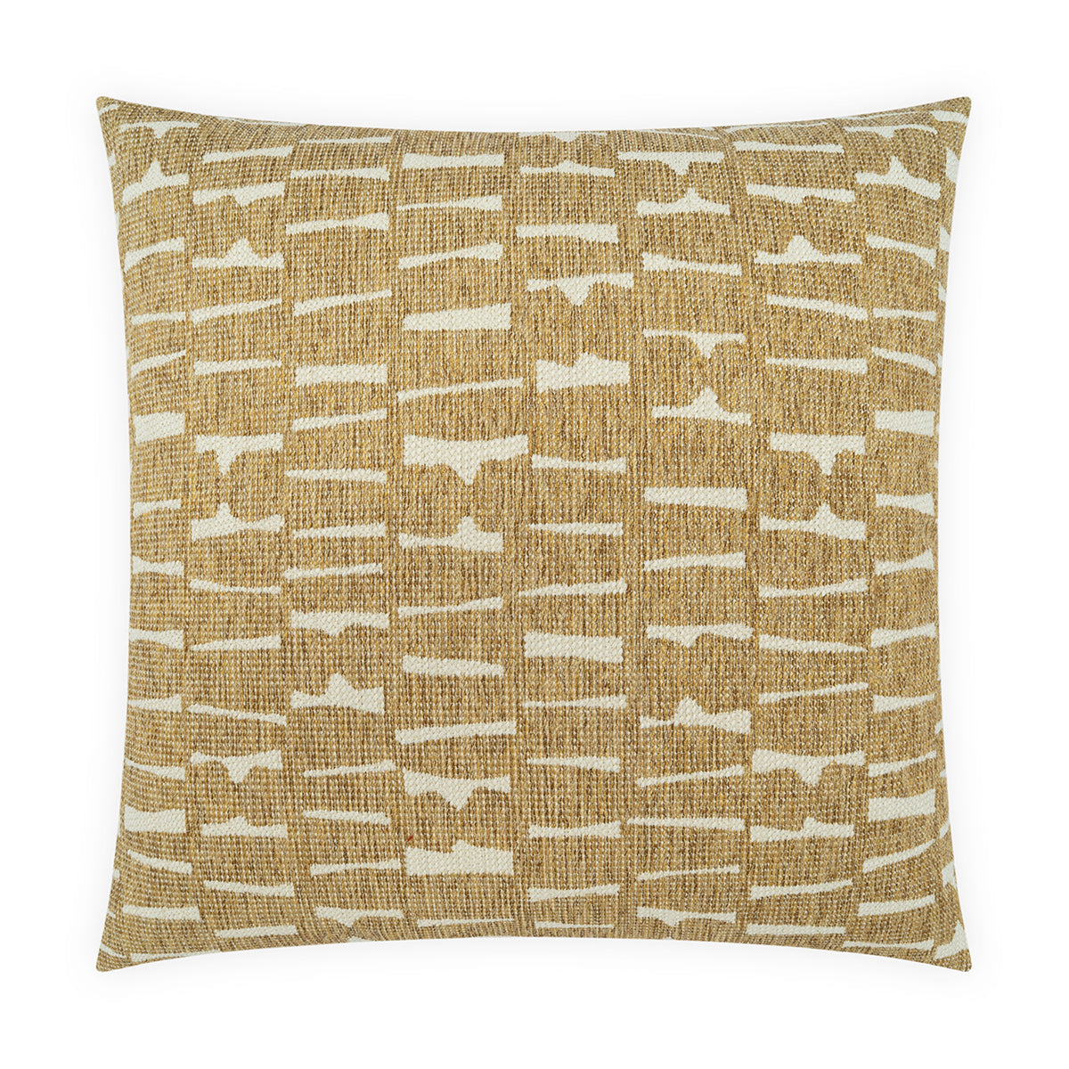 The D.V. KAP / Canaan Company Outdoor Pillow Latrobe Raffia 22 x 22 features a square silhouette with a mustard yellow background and an abstract white linear brushstroke pattern. Crafted from textured fabric, this pillow is perfect for outdoor arrangements or bringing coastal charm to your patio decor. Shown here against a white background.