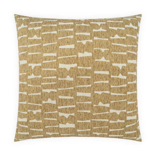 The D.V. KAP / Canaan Company Outdoor Pillow Latrobe Raffia 22 x 22 features a square silhouette with a mustard yellow background and an abstract white linear brushstroke pattern. Crafted from textured fabric, this pillow is perfect for outdoor arrangements or bringing coastal charm to your patio decor. Shown here against a white background.