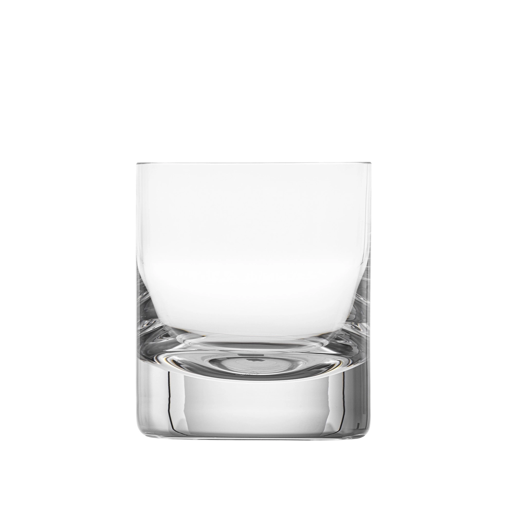 A clear, empty Whiskey Set DOF Glass 370 ml by Moser, expertly crafted from lead-free crystal with a thick base, is photographed against a plain white background.