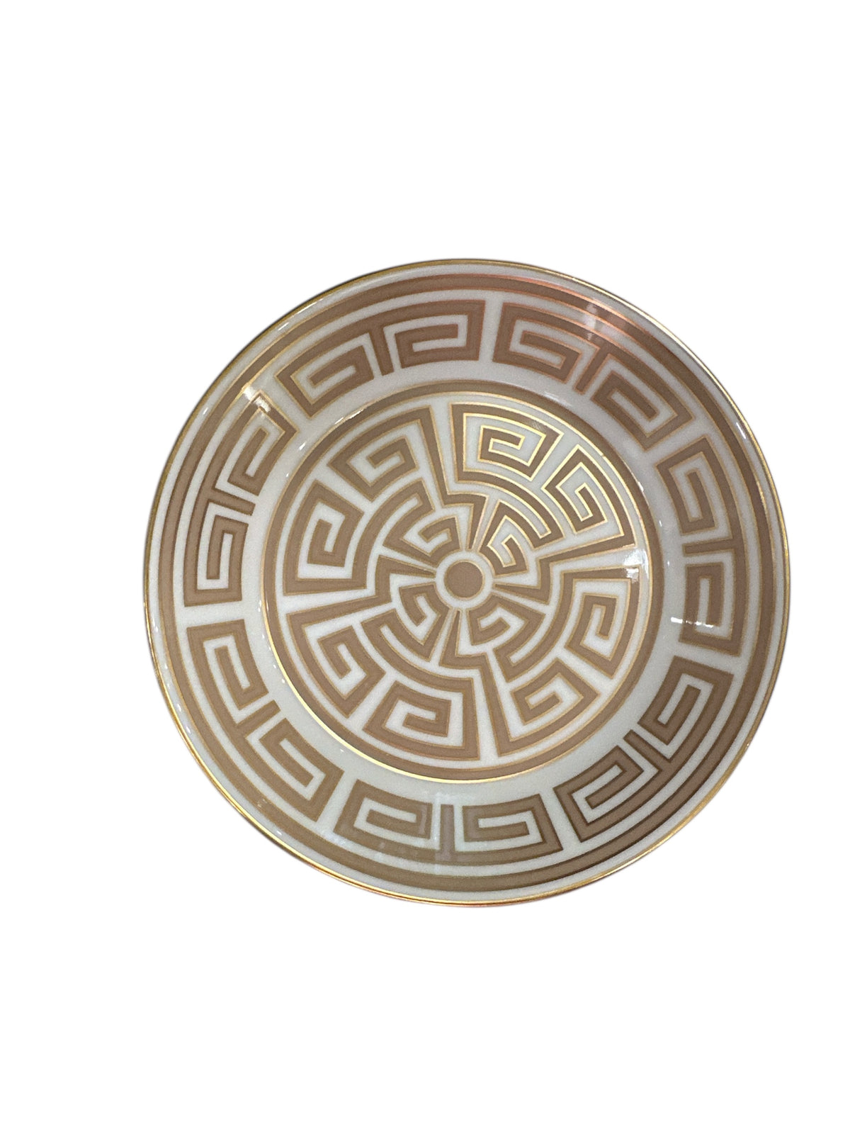 The Labirinto Dinnerware - Cashemire by Ginori 1735 is a round ceramic plate featuring Gio Ponti’s gold geometric Greek key motif on crisp white.