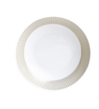 The Sol Dinnerware plate by Bernardaud is white ceramic with a wide, decorative rim of evenly spaced thin gold lines radiating outward—an elegant example of 24k gold craftsmanship, shown from above on a white background.