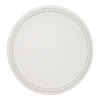 A set of four round, white placemats from Bodrum’s Pearls collection, each featuring a textured bead pattern forming two concentric circles near the edge. The smooth, unadorned center offers an elegant foundation for your tableware and pairs beautifully with refined dinner plates for a sophisticated table setting.
