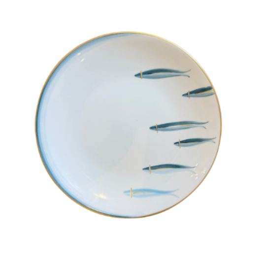 A round white porcelain plate with a blue painted border and six blue fish illustrations, finished with a thin gold rim, shown on a plain white background.