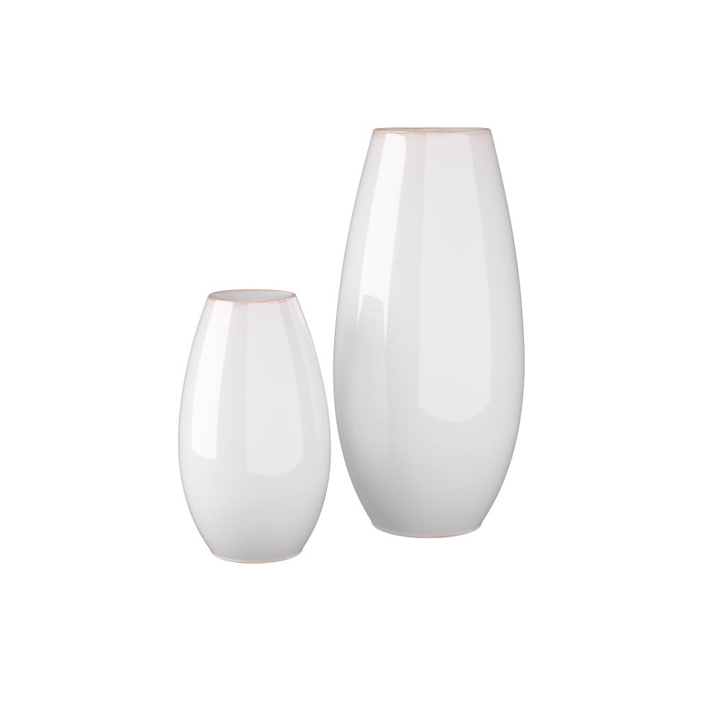 The Arteriors Yancy Vases Set of 2 – NEW ADDITION features glossy white porcelain vases of varying heights with smooth, rounded shapes and narrow openings, arranged side by side for a minimalist display.