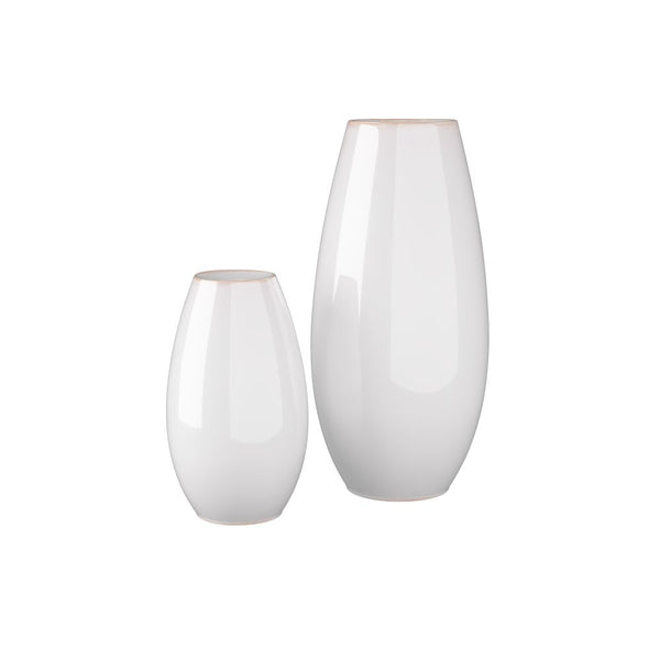 The Arteriors Yancy Vases Set of 2 – NEW ADDITION features glossy white porcelain vases of varying heights with smooth, rounded shapes and narrow openings, arranged side by side for a minimalist display.